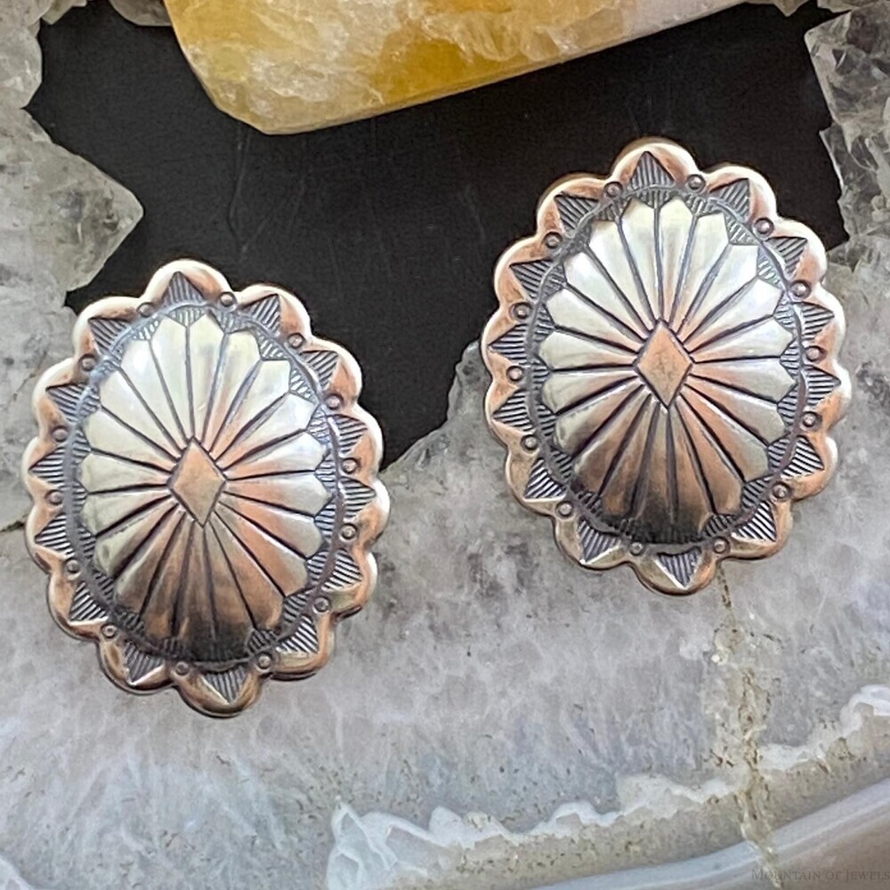 Native American Sterling Silver Oval Stamped Concho Stud Earrings For Women